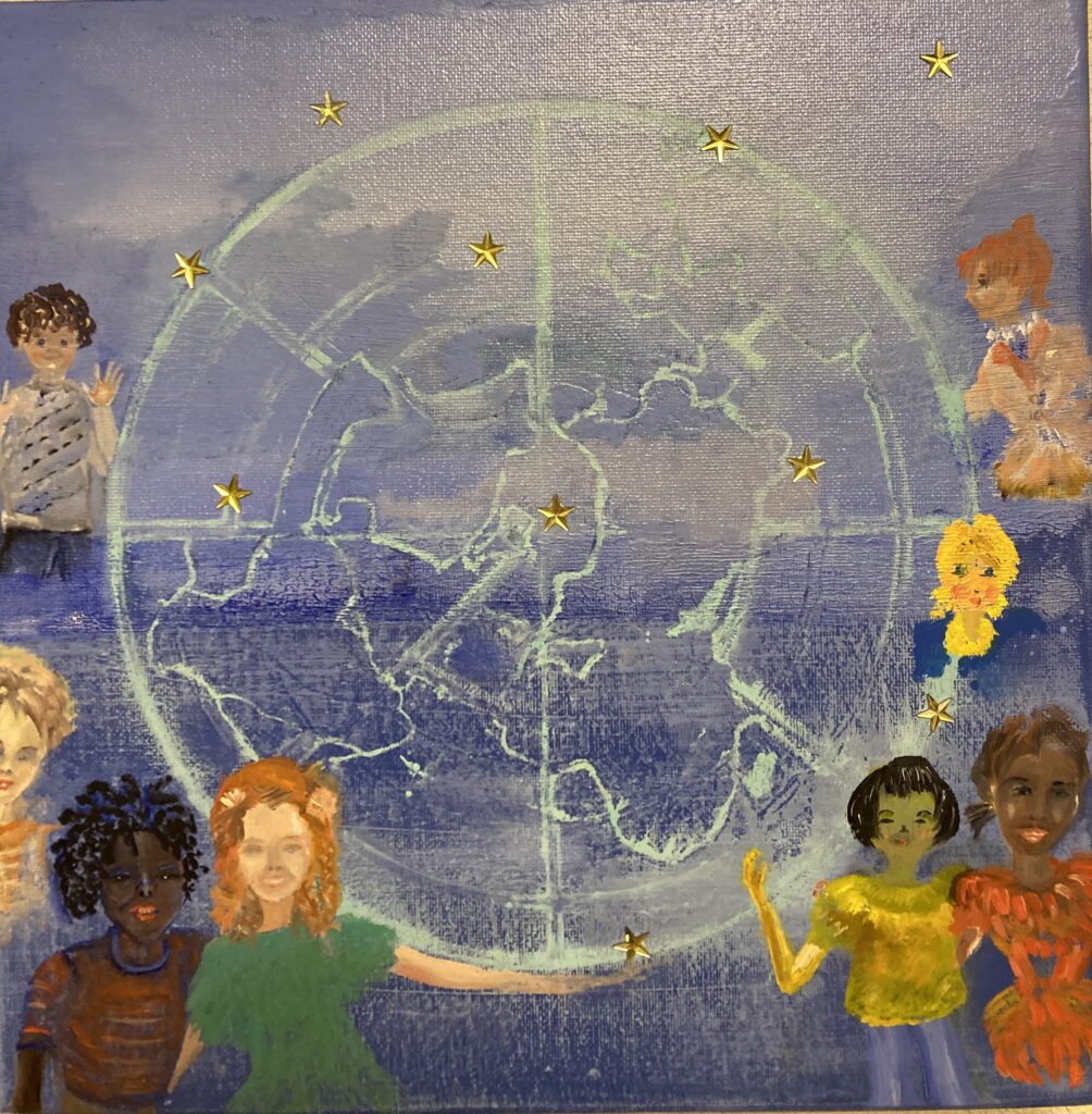 The world globe with children around it. Stars glued on the oilpaint