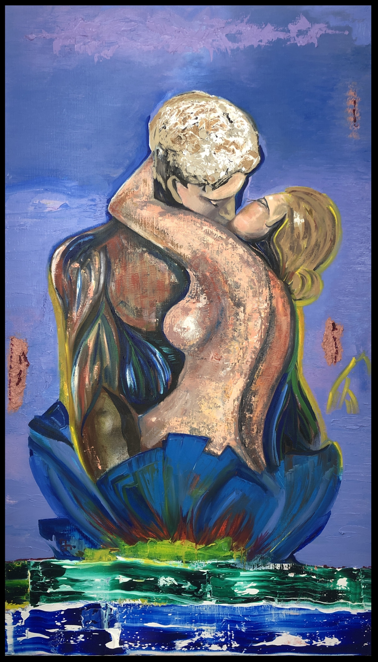 Painting name: Mysterious Blue Lotus. Painted by Marie Mountson. The blue lotus, the symbol of love, 2 people kissing on a beautiful blue purple background