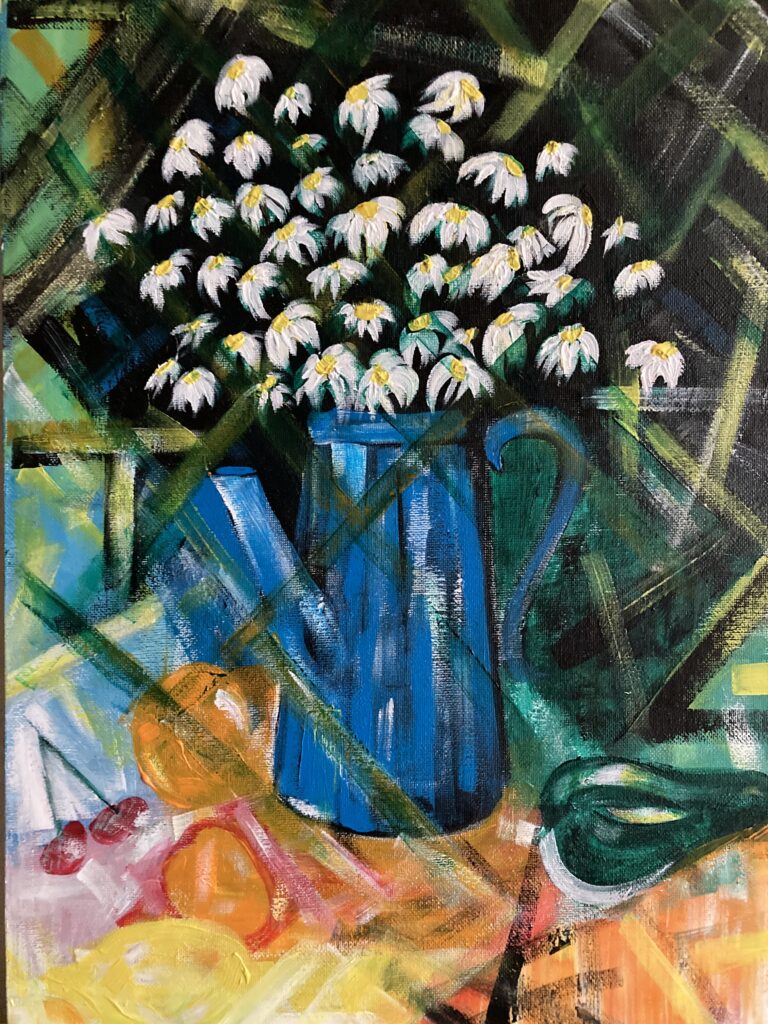 Acrylic painting of grandma's blue pot with white flowers created by M Tushishvili