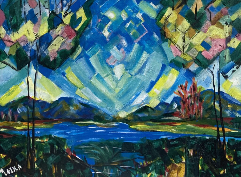 Acrylic painting in contemporary art. A landscape of a lake mountains and an imaginary sky. Created by M Tushishvili