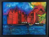 Painting title Amsterdam Sunset. Oilpaint on canvas. Painted by Marie Mountson.