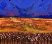 Landscape by Marie Mountson. A contemporary art painting of a field with trees in front and a beautiful blue sky.