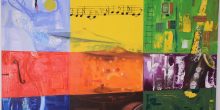 Oilpainting Contemporary art. Blocks of different colors with instruments. The colors flowing into the instruments. The notes are a dutch lullaby called slaap kindje slaap