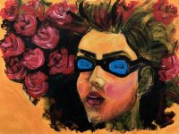 Painting called Woman in Sunglasses. It is about a woman and wearing sunglass. Whats behind this sunglass. Made by M Tushishvili